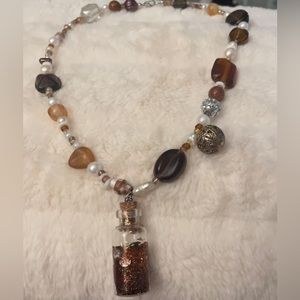 Handmade brown charm glitter jar gold necklace